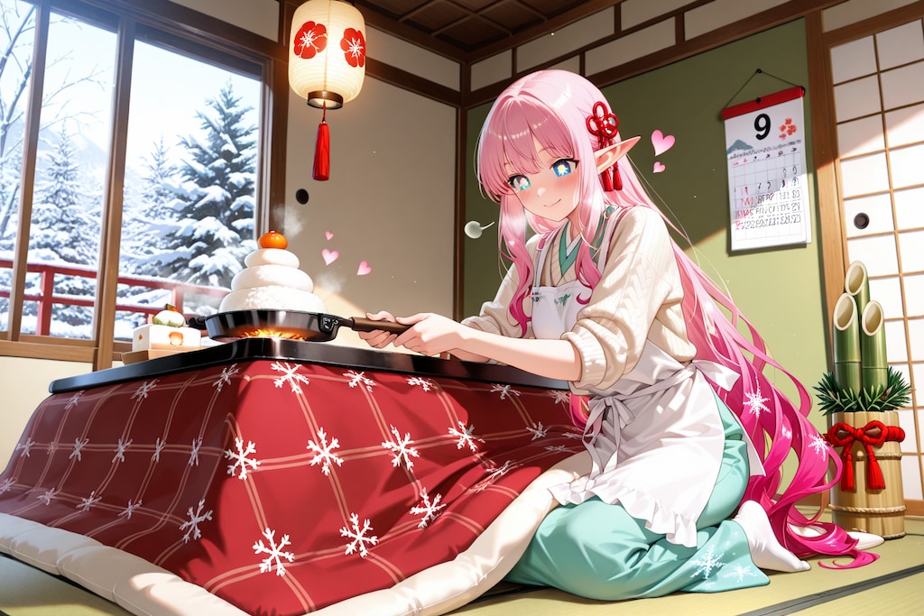 正月の準備を始めるエルフの女の子