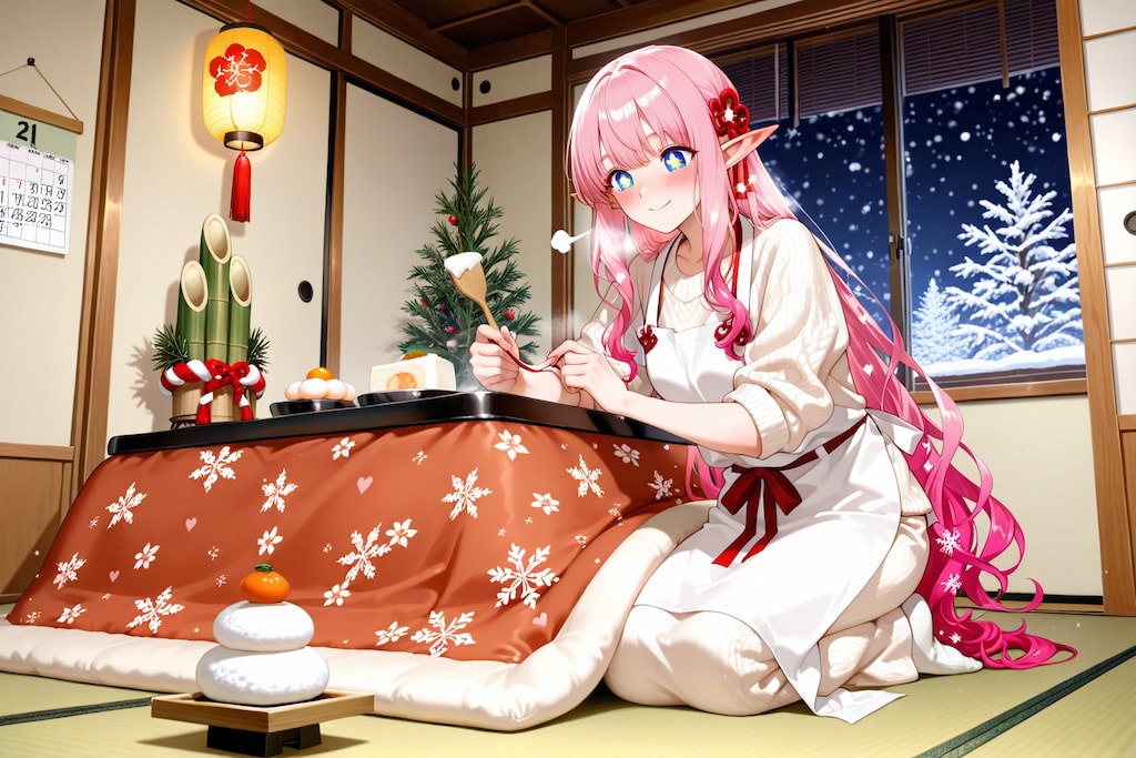 正月の準備を始めるエルフの女の子