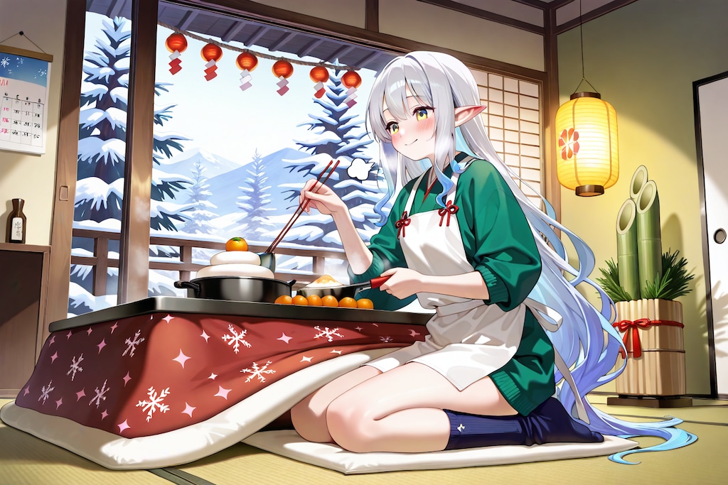 正月の準備を始めるエルフの女の子