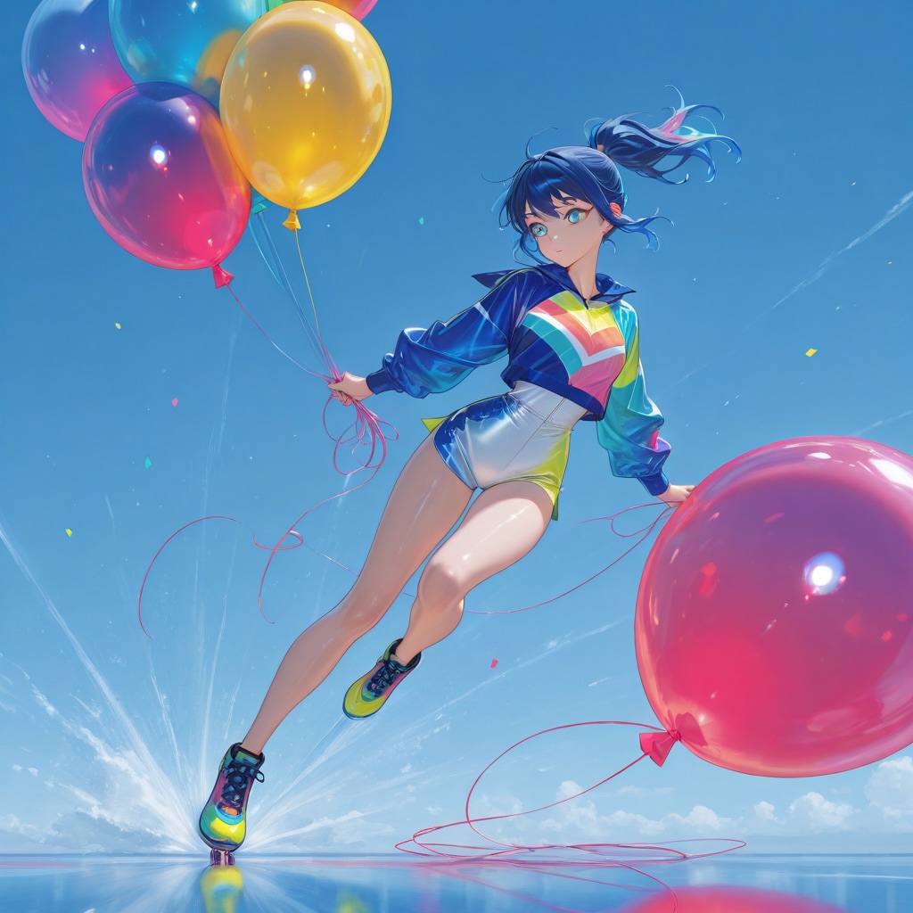 色とりどりの風船を持つ青い髪ポニーテールのスピードスケート選手の美女 | の人気AIイラスト・グラビア