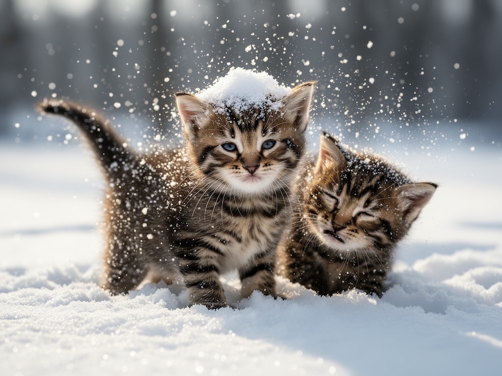 雪で遊ぶ子猫