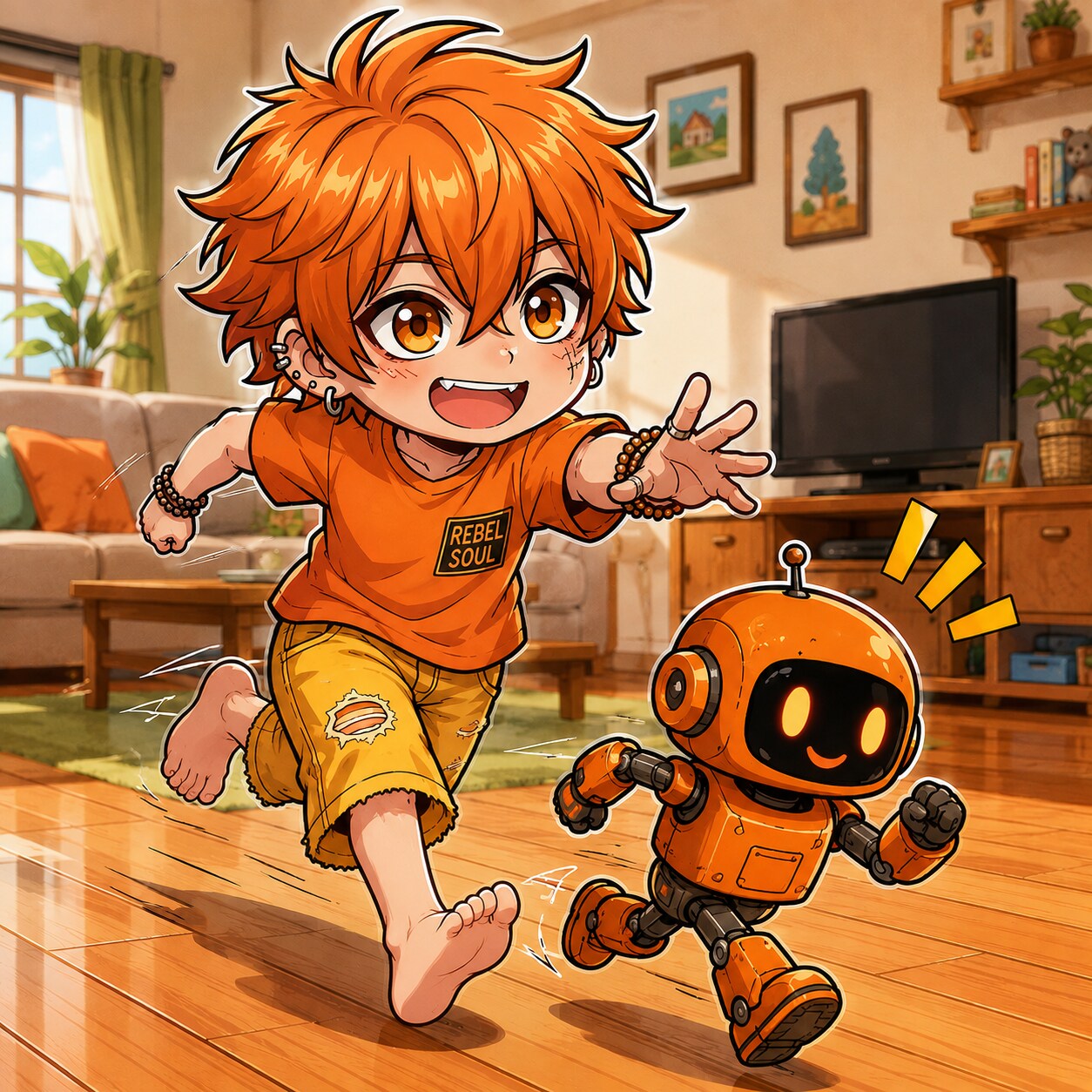 ロボットを追いかけるちびレンジ🍊