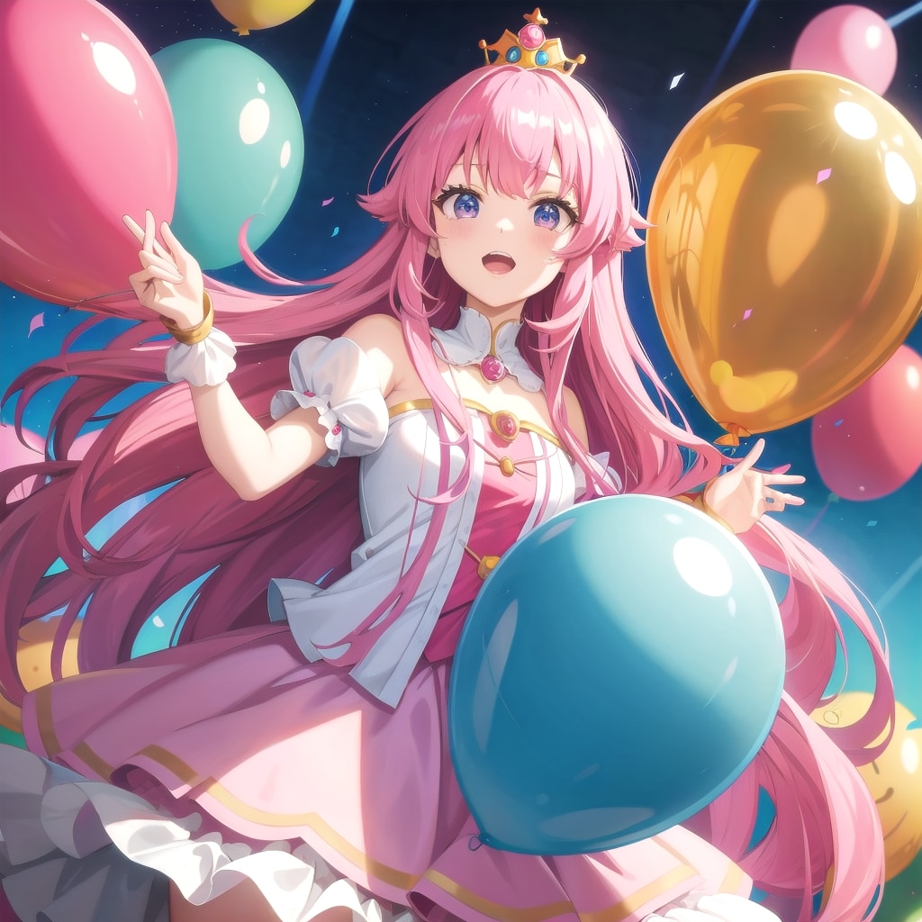 お城の部屋の中でいっぱい色とりどりの風船で遊ぶピンク髪ロングのお姫様 | の人気AIイラスト・グラビア
