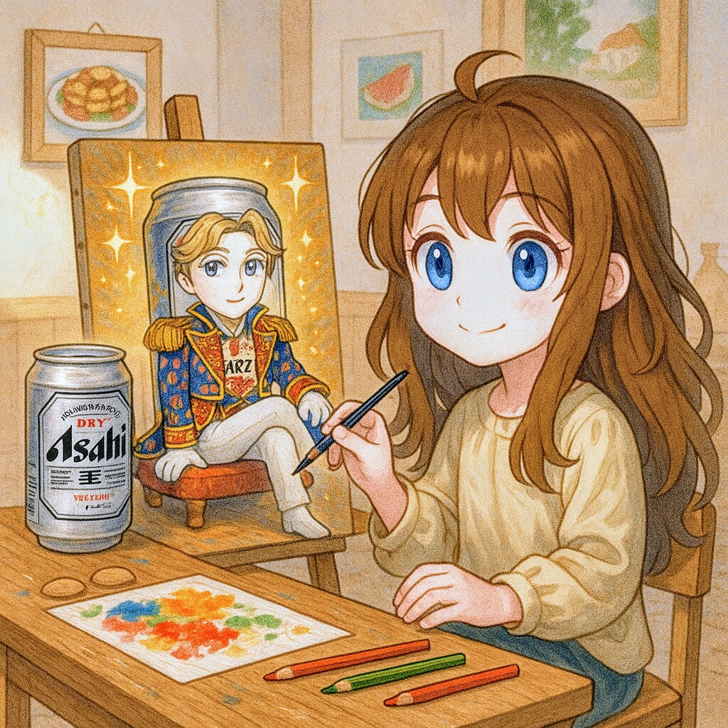 モデルのビール缶を描く小さな女の子