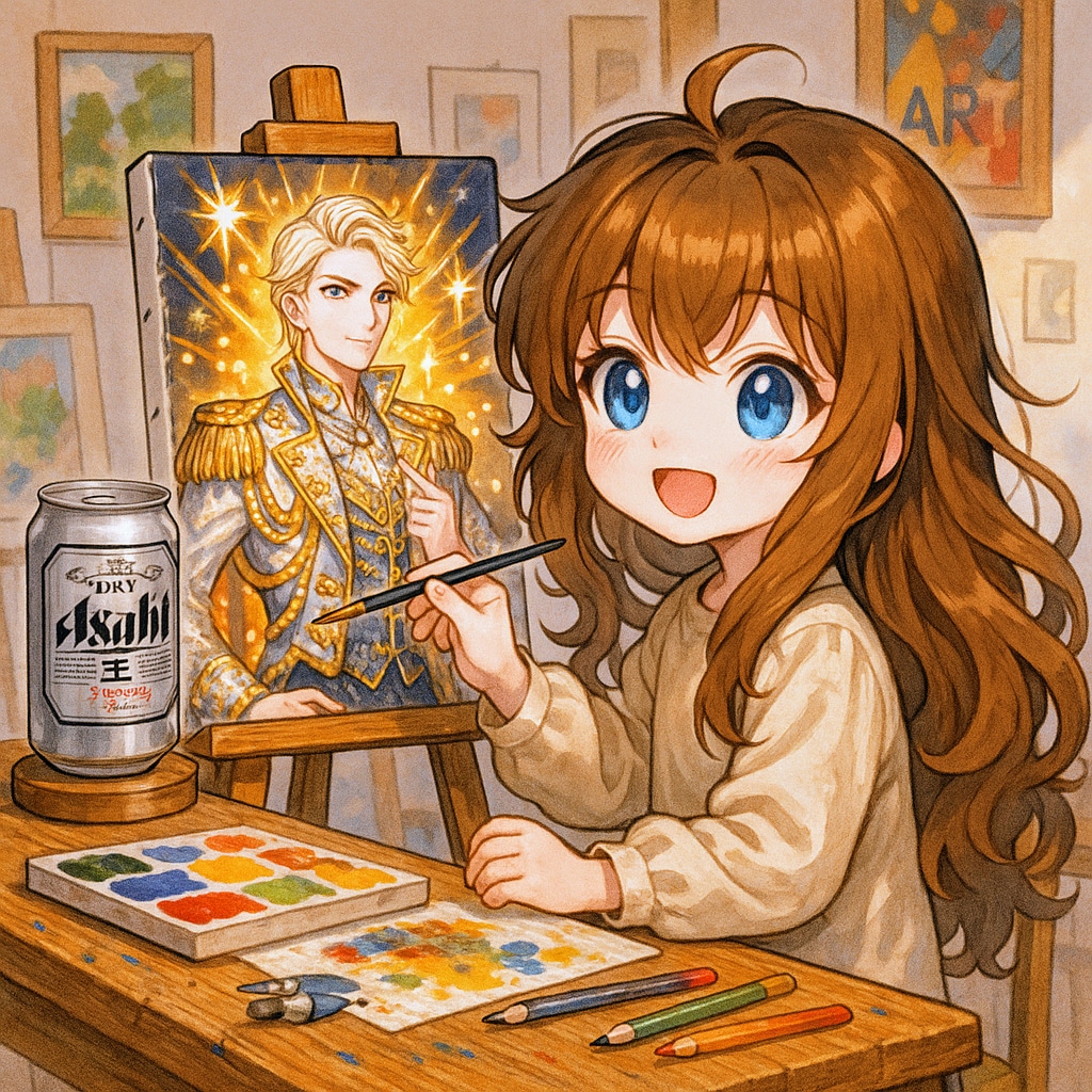 モデルのビール缶を描く小さな女の子