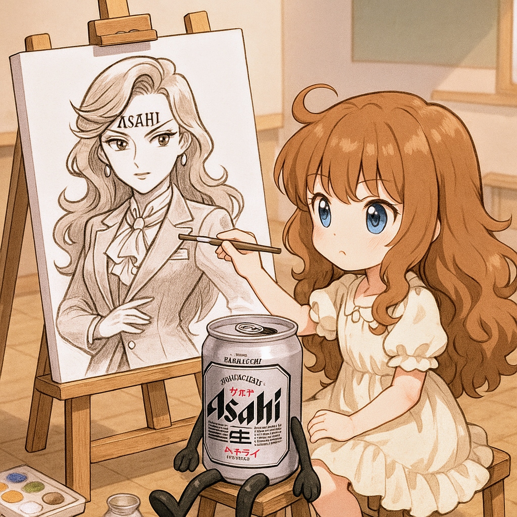 モデルのビール缶を描く小さな女の子