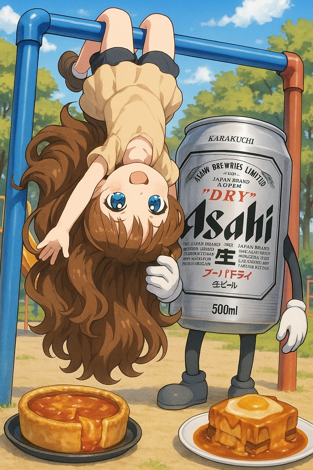 公園で逆さ吊り状態になっている小さな女の子