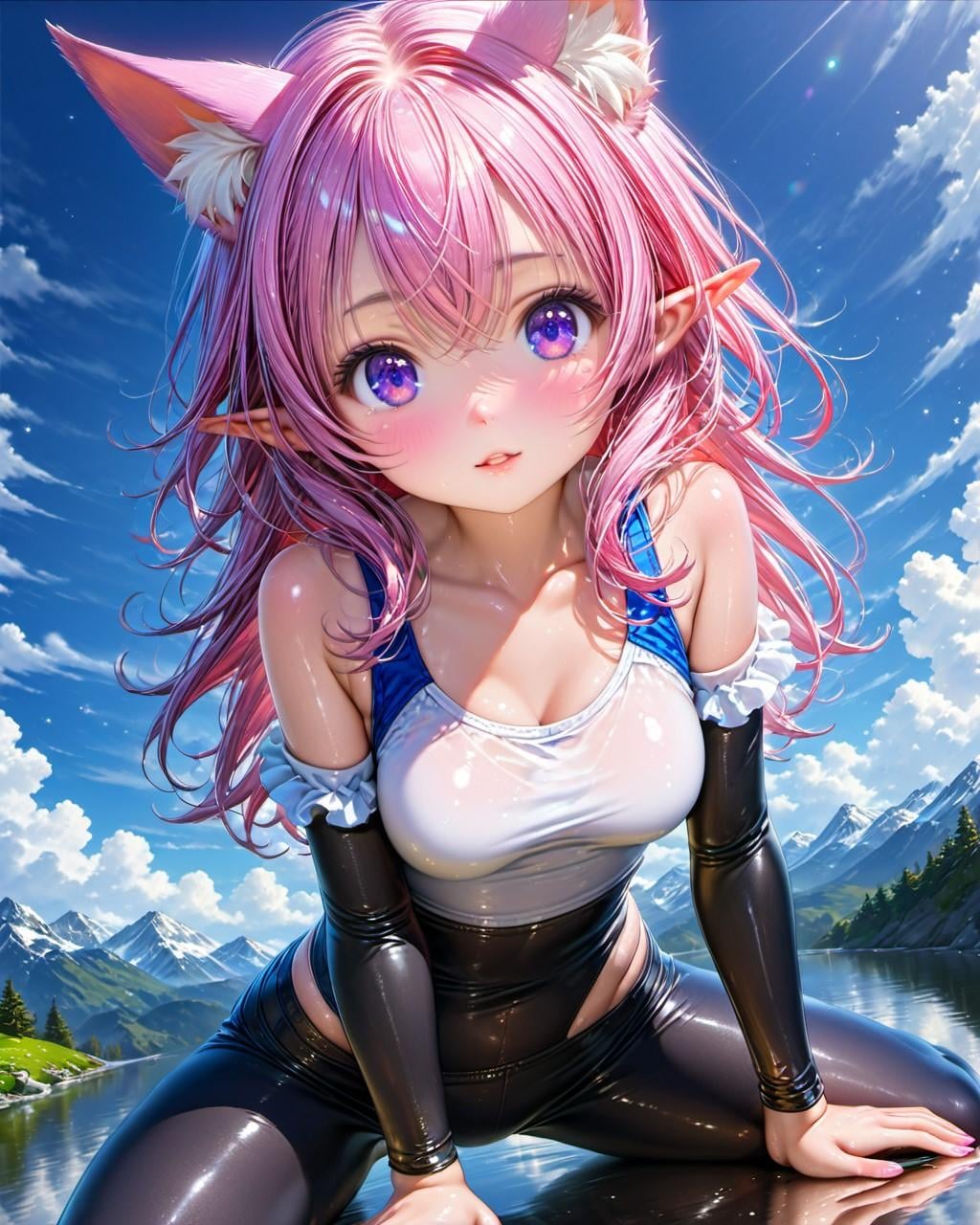 自然の中でヨガをするケモ耳エルフさん（8枚）