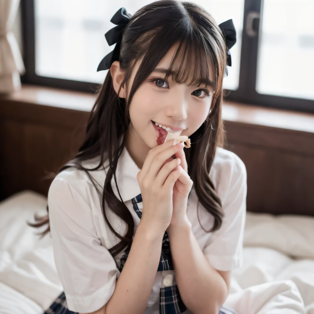 黒髪ツインテで寝室の美女