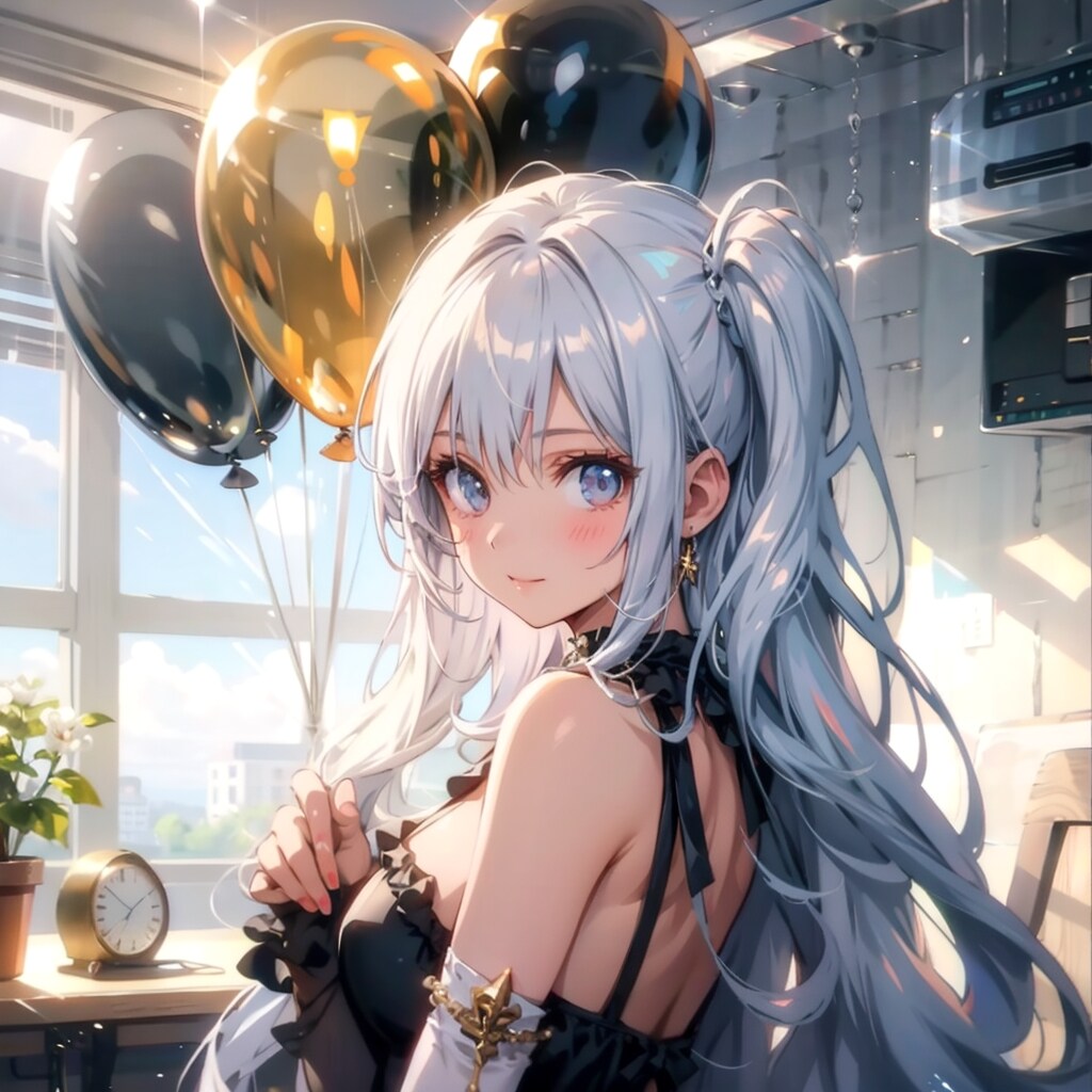 いっぱい風船を持つ白い髪ロングの美女。 | の人気AIイラスト・グラビア