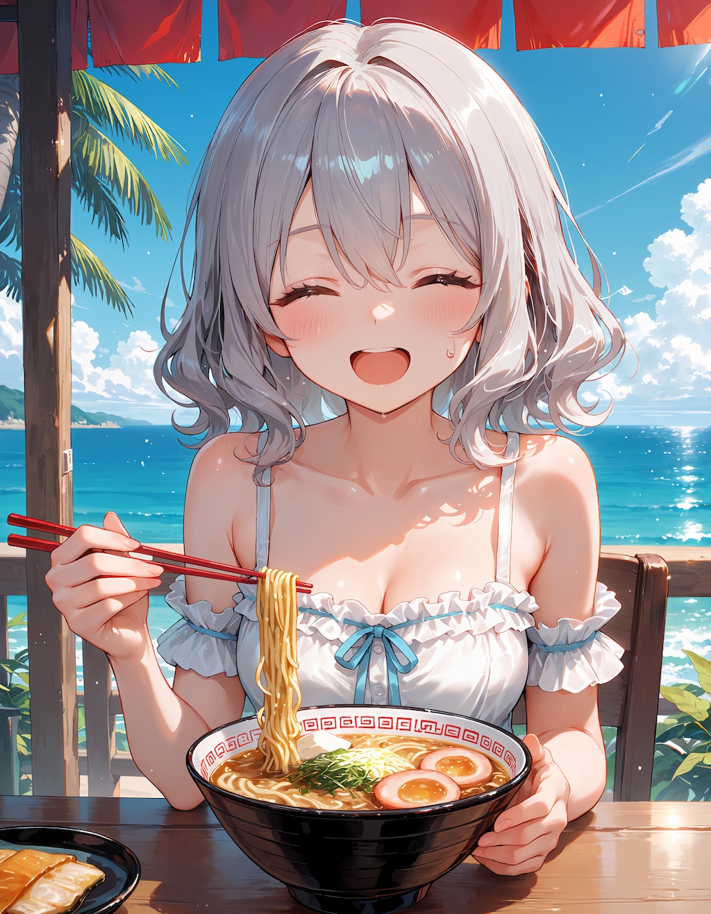 海辺であつあつラーメン