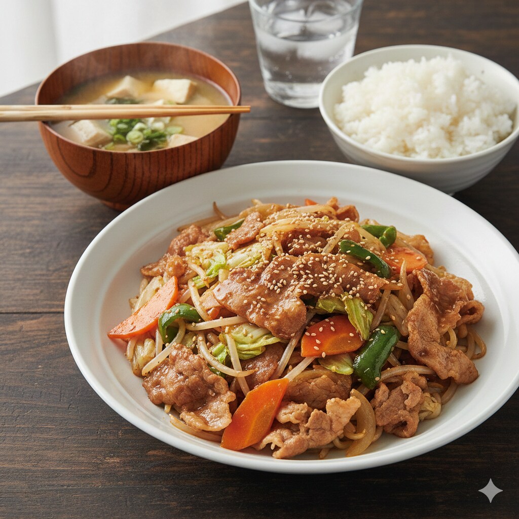 【昼食】肉野菜炒め、白米、味噌汁、水 | の人気AIイラスト・グラビア