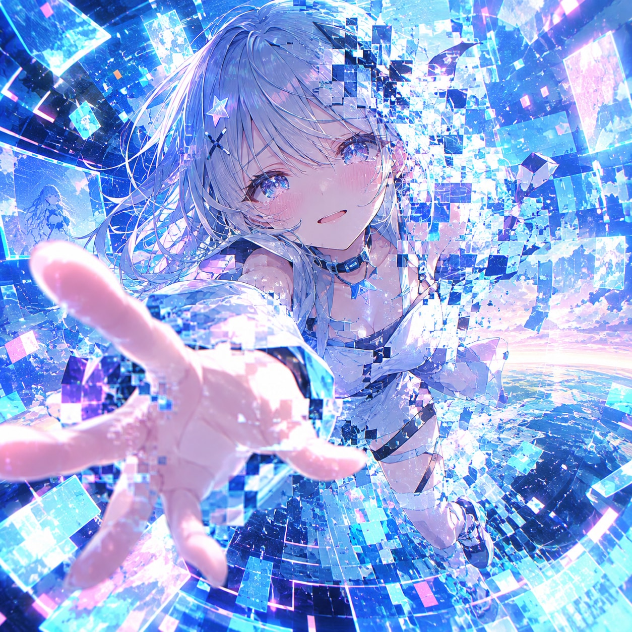 電脳世界から手を伸ばす美少女！グリッチと光が織りなすサイバーSFファンタジー | の人気AIイラスト・グラビア