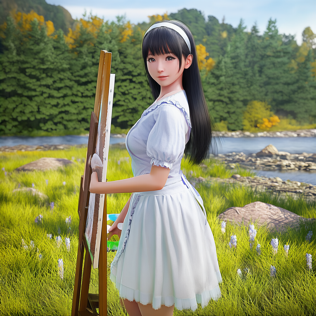 川辺で風景画を描く白い服の女性