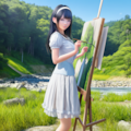 川辺で風景画を描く白い服の女性 2枚目