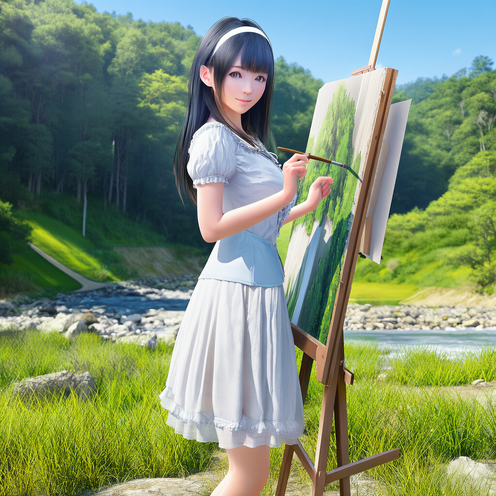 川辺で風景画を描く白い服の女性