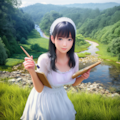 川辺で風景画を描く白い服の女性 3枚目