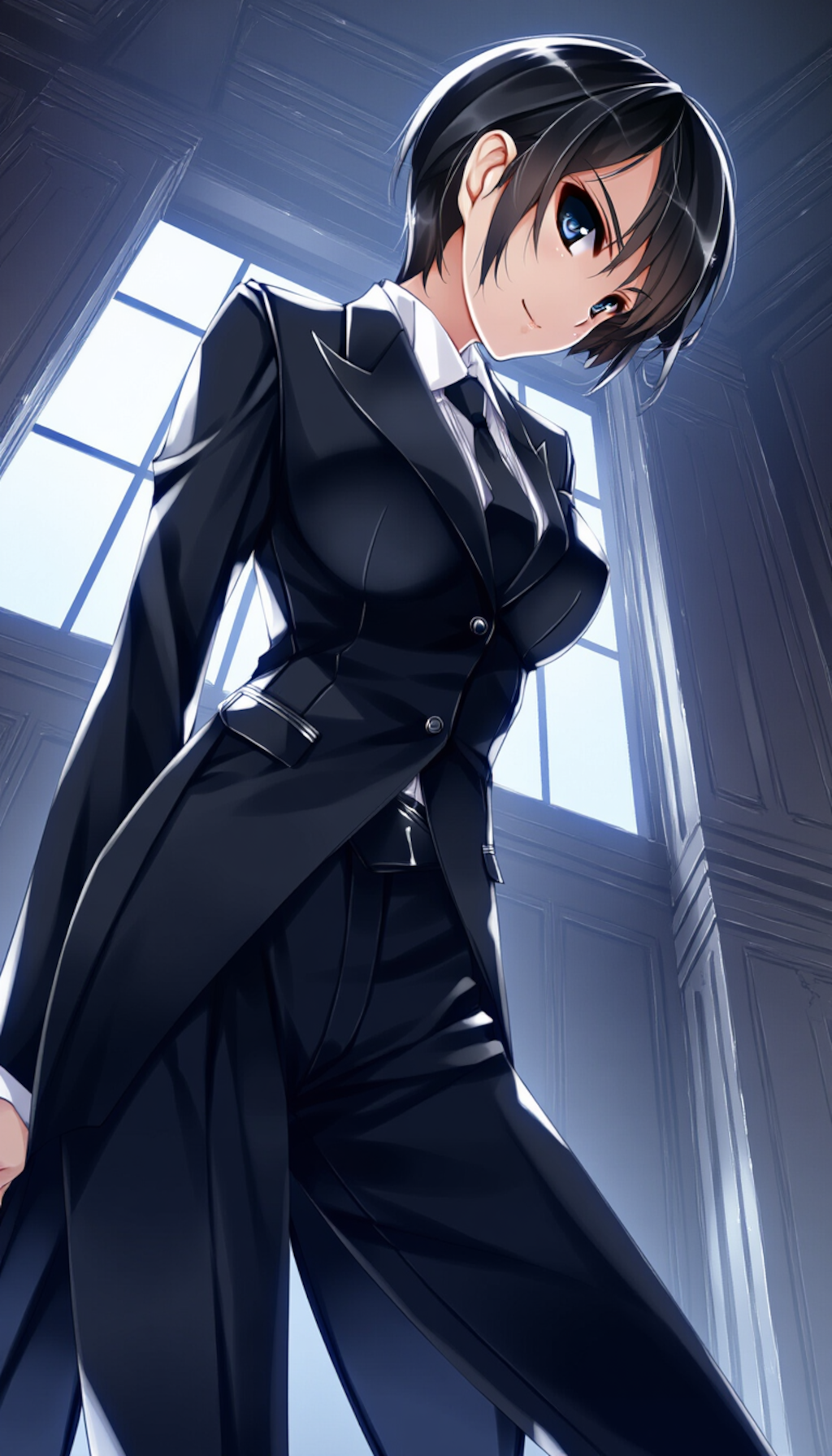 extreme detailed high quality black tuxedo, extreme intricate mansion