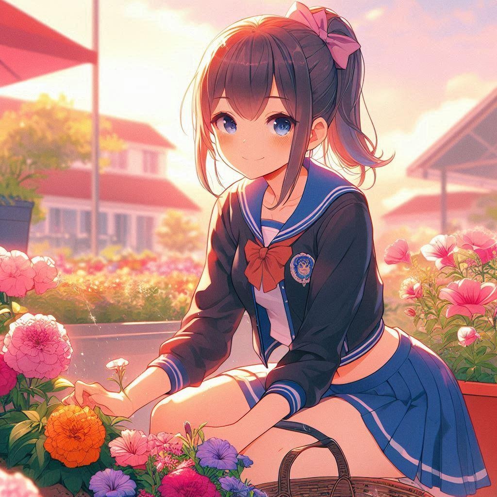 花の手入れをする女の子