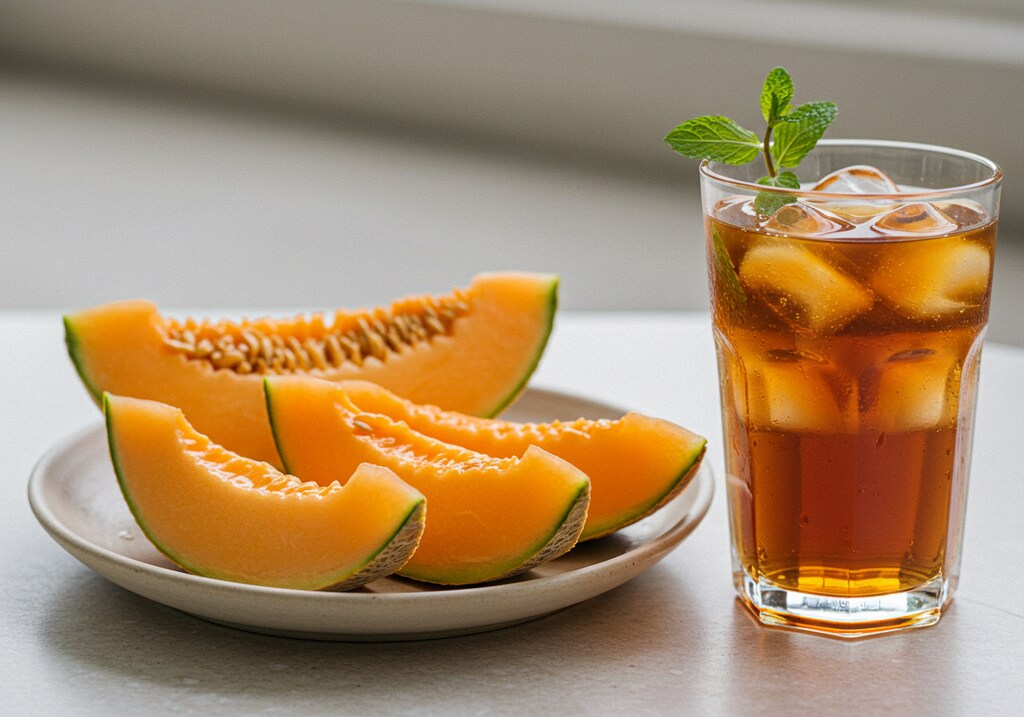 デザートのメロンとアイスティーのセット