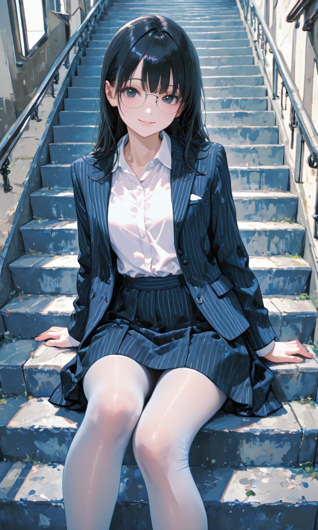 階段に座るメガネOLさん