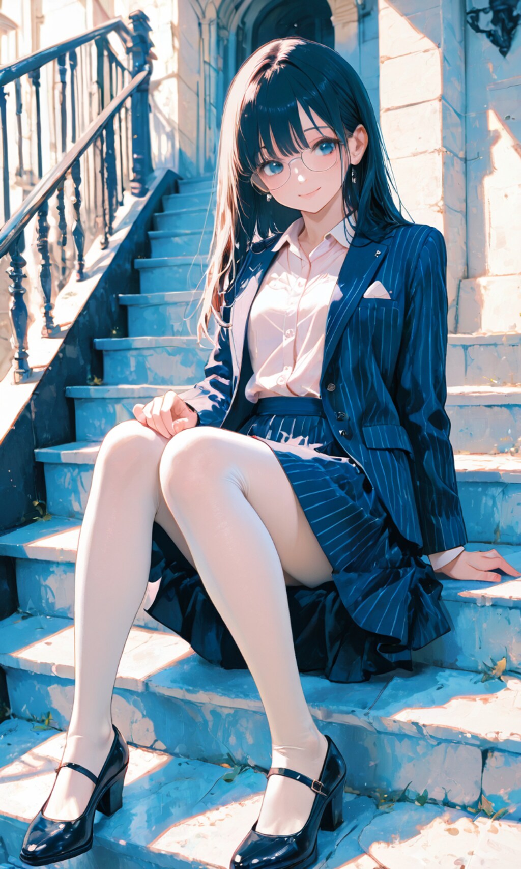 階段に座るメガネOLさん