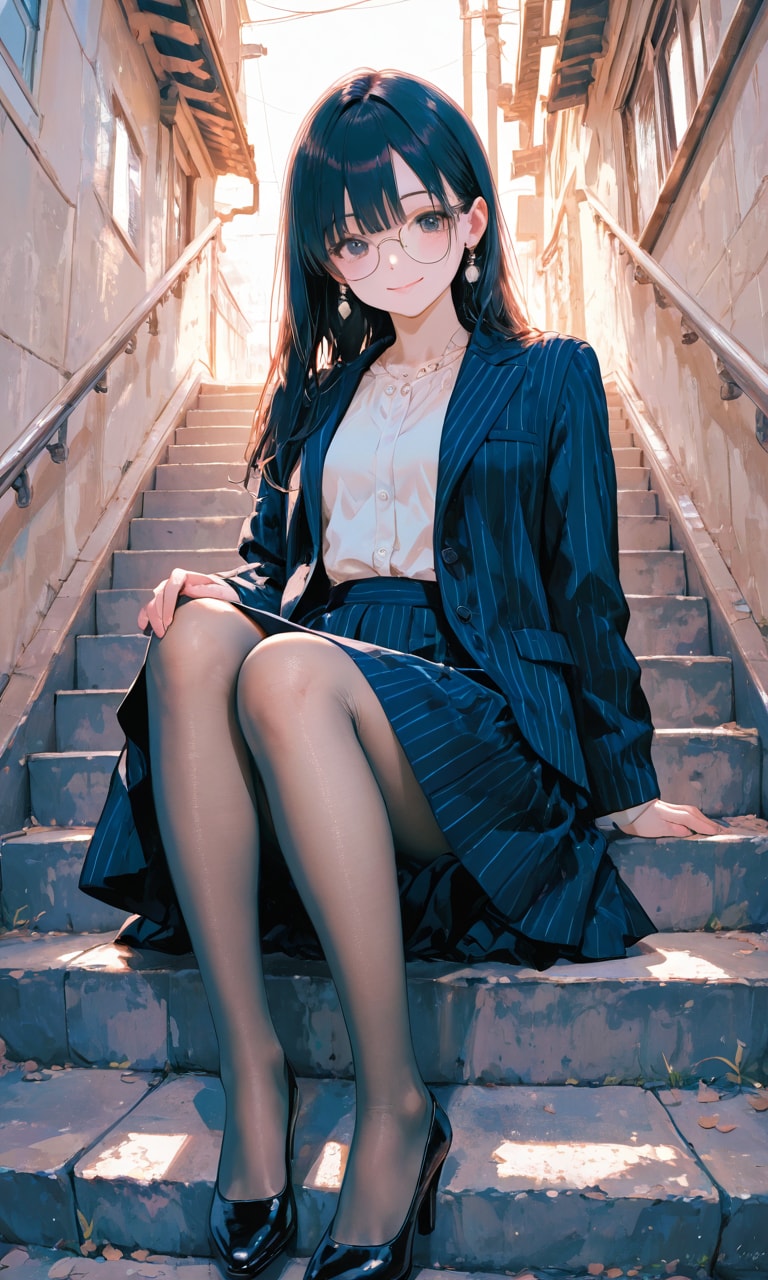 階段に座るメガネOLさん | の人気AIイラスト・グラビア