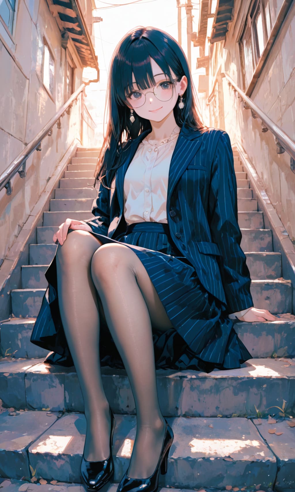 階段に座るメガネOLさん