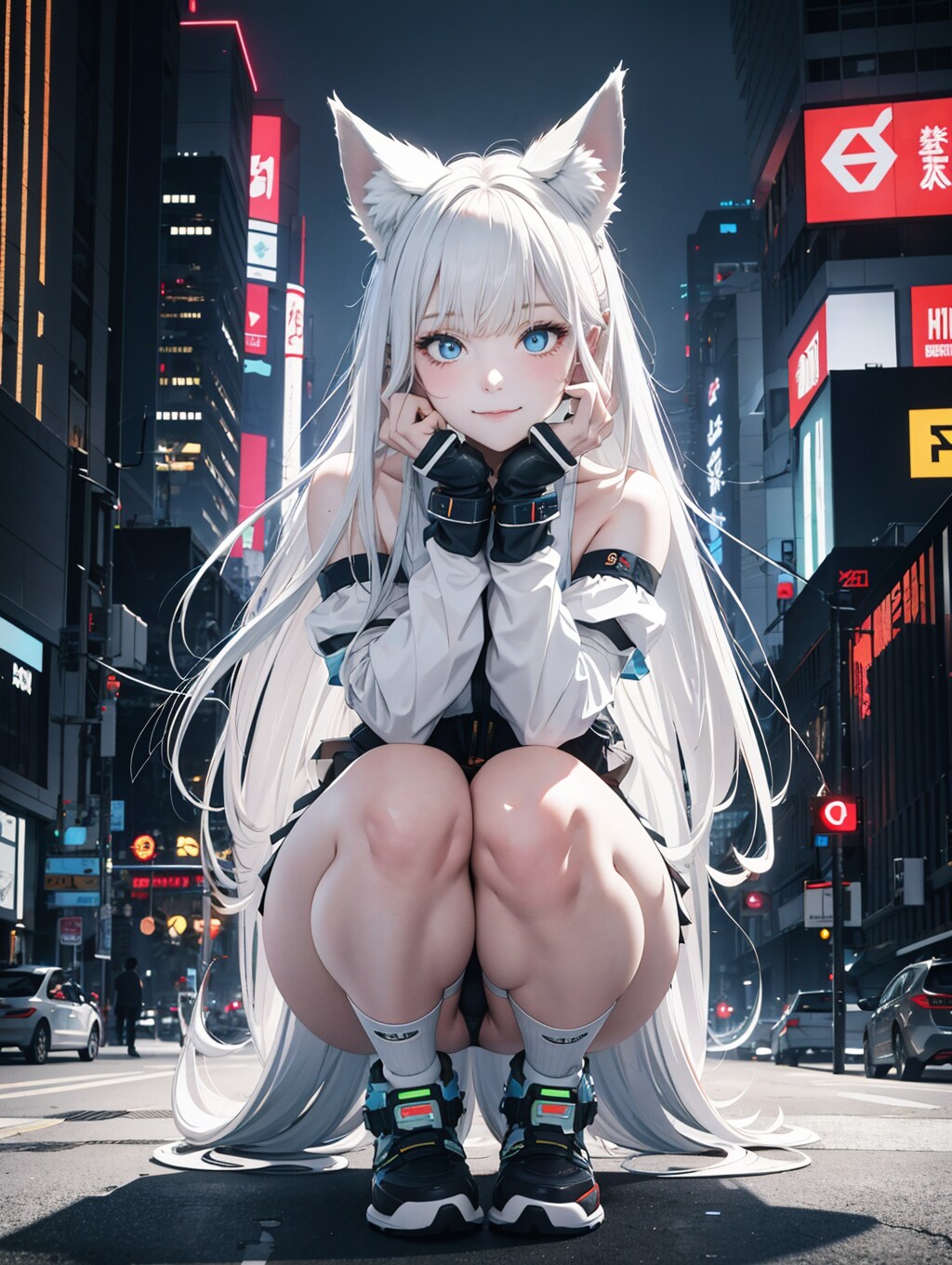 サイバーパンク×しゃがみ白髪