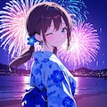 Girl in yukata watches fireworks 3枚目