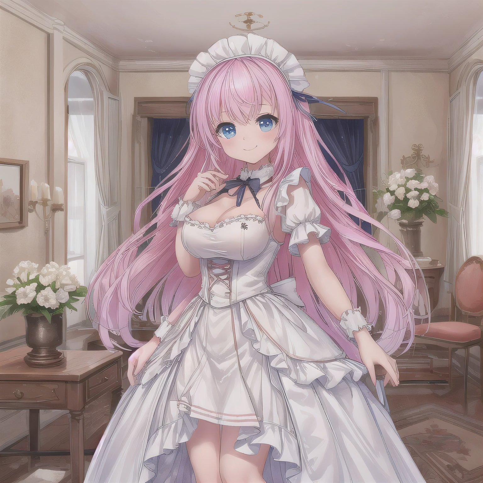 ピンク髪ロングでメイド服の少女５ | の人気AIイラスト・グラビア