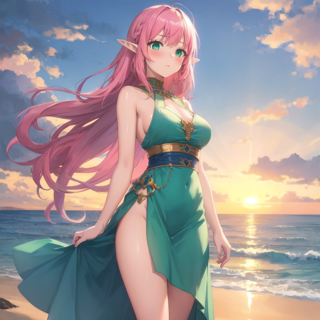 夕焼けに染まる浜辺 | の人気AIイラスト・グラビア