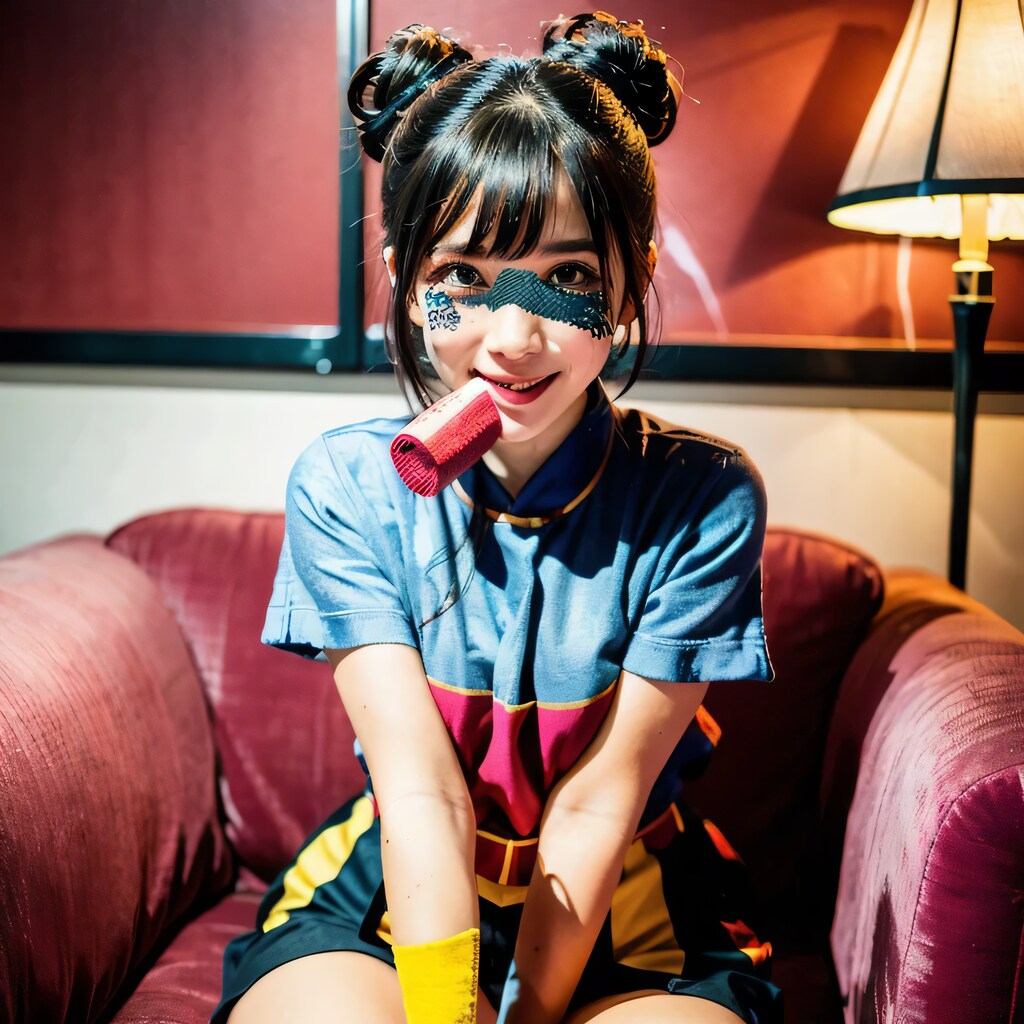 黒髪ツイン団子でソファの美女