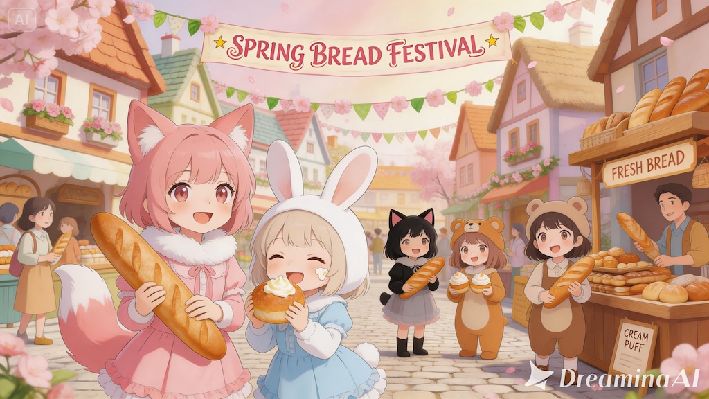 【All0416a】今日は街で開催される恒例の「春のパン祭り」に行ってきた。パンを買うと福引券がもらえるらしい（モデル: Seedream 5.0）