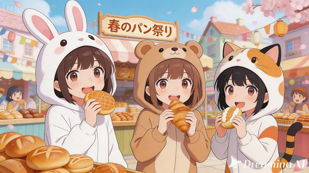 【All0416a】今日は街で開催される恒例の「春のパン祭り」に行ってきた。パンを買うと福引券がもらえるらしい（モデル: Seedream 5.0）