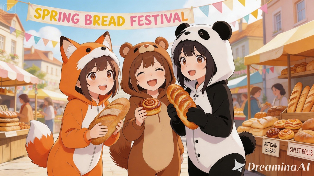 【All0416a】今日は街で開催される恒例の「春のパン祭り」に行ってきた。パンを買うと福引券がもらえるらしい（モデル: Seedream 5.0）