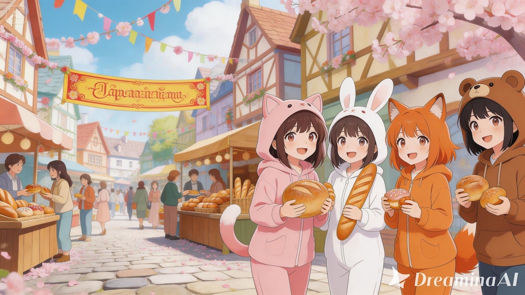 【All0416a】今日は街で開催される恒例の「春のパン祭り」に行ってきた。パンを買うと福引券がもらえるらしい（モデル: Seedream 5.0）