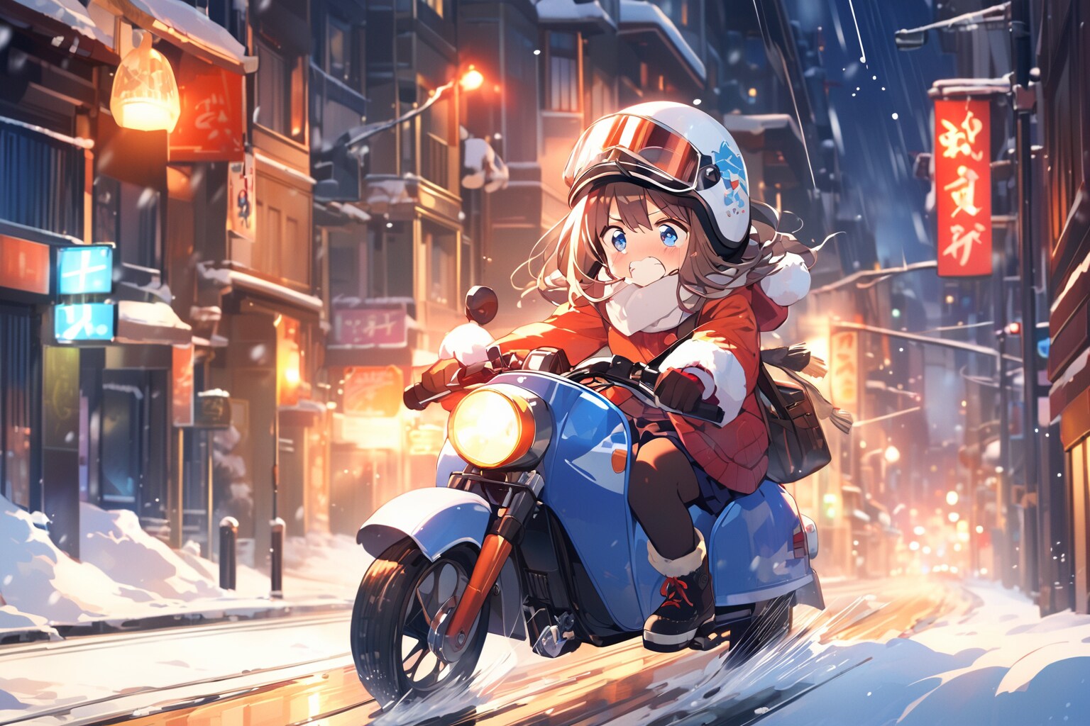 冬とバイクと寒さで震える女の子 | の人気AIイラスト・グラビア