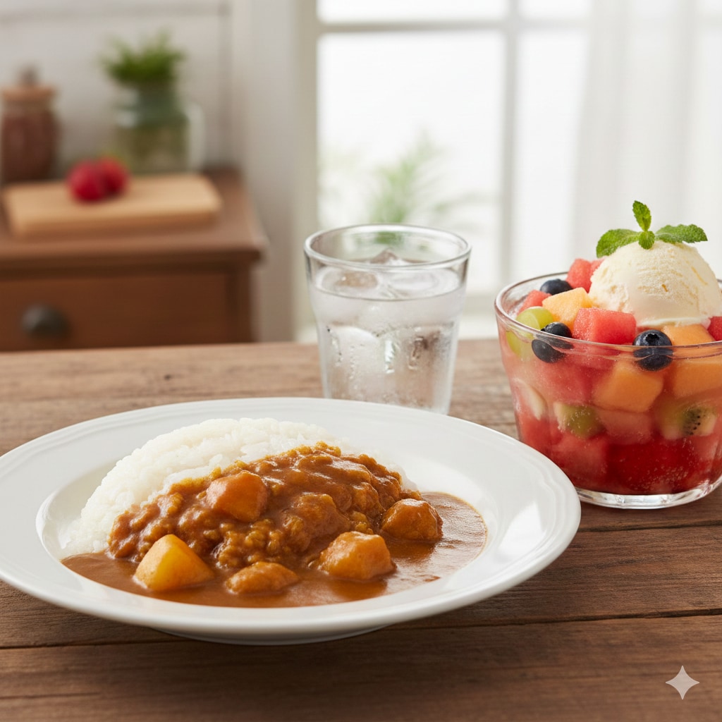 【晩飯】カレーライス、フルーツポンチ、水 | の人気AIイラスト・グラビア