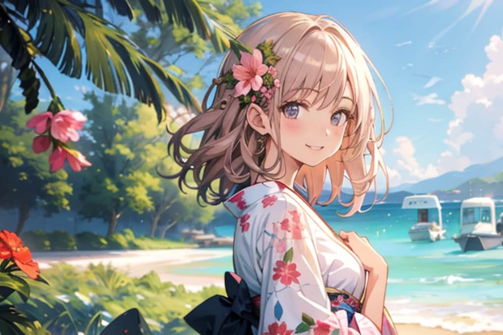 着物で南国の浜辺を歩いてみた