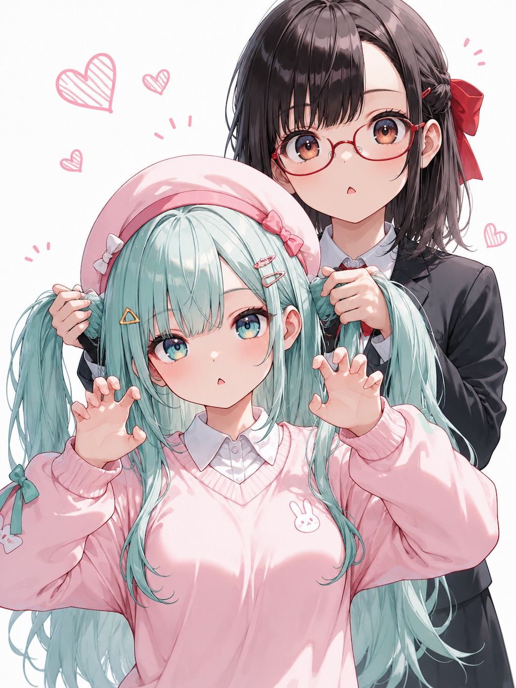 黒瀬さやかさんと初香ちゃんで手で髪を束ねてガオー