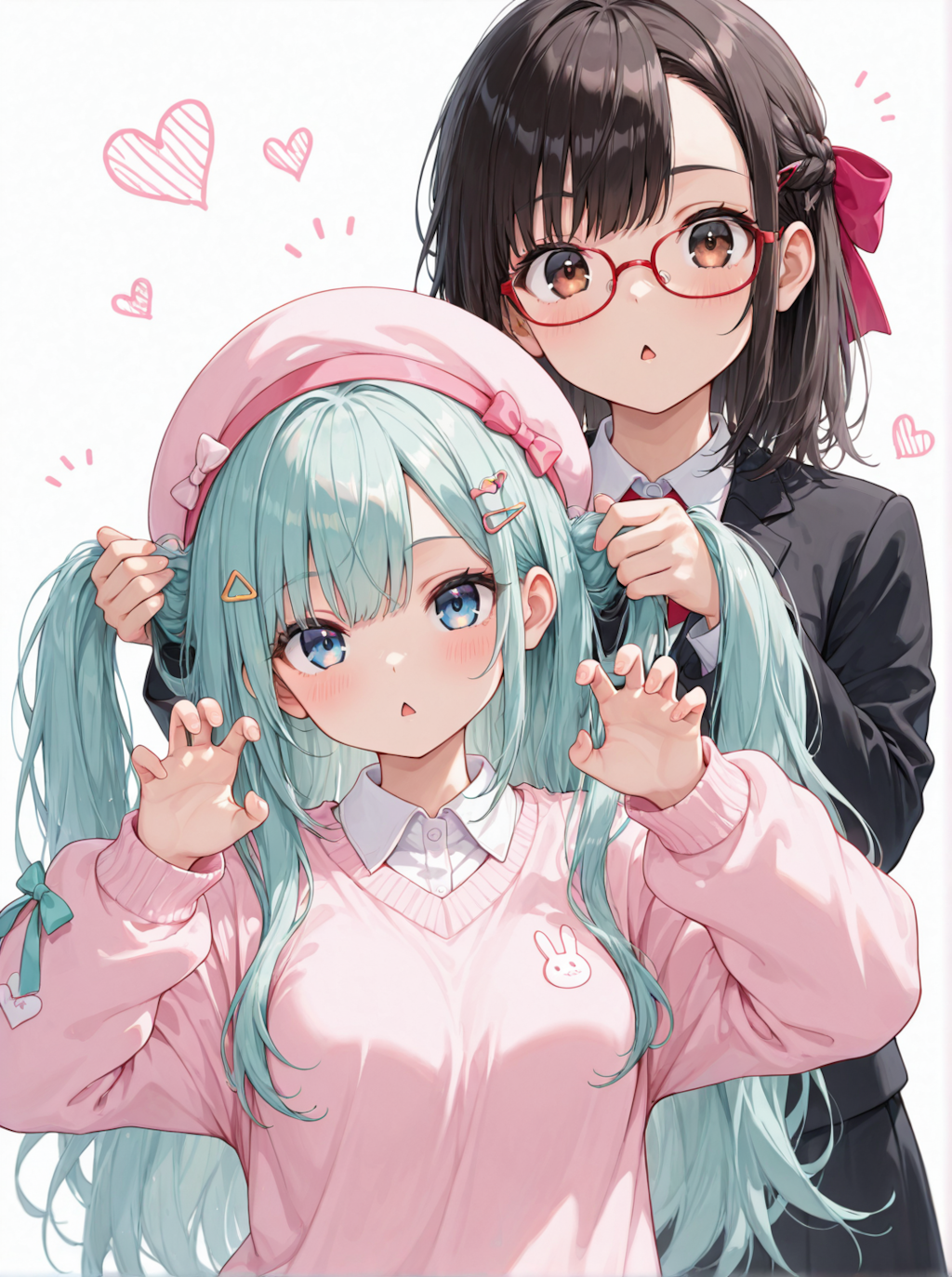 黒瀬さやかさんと初香ちゃんで手で髪を束ねてガオー