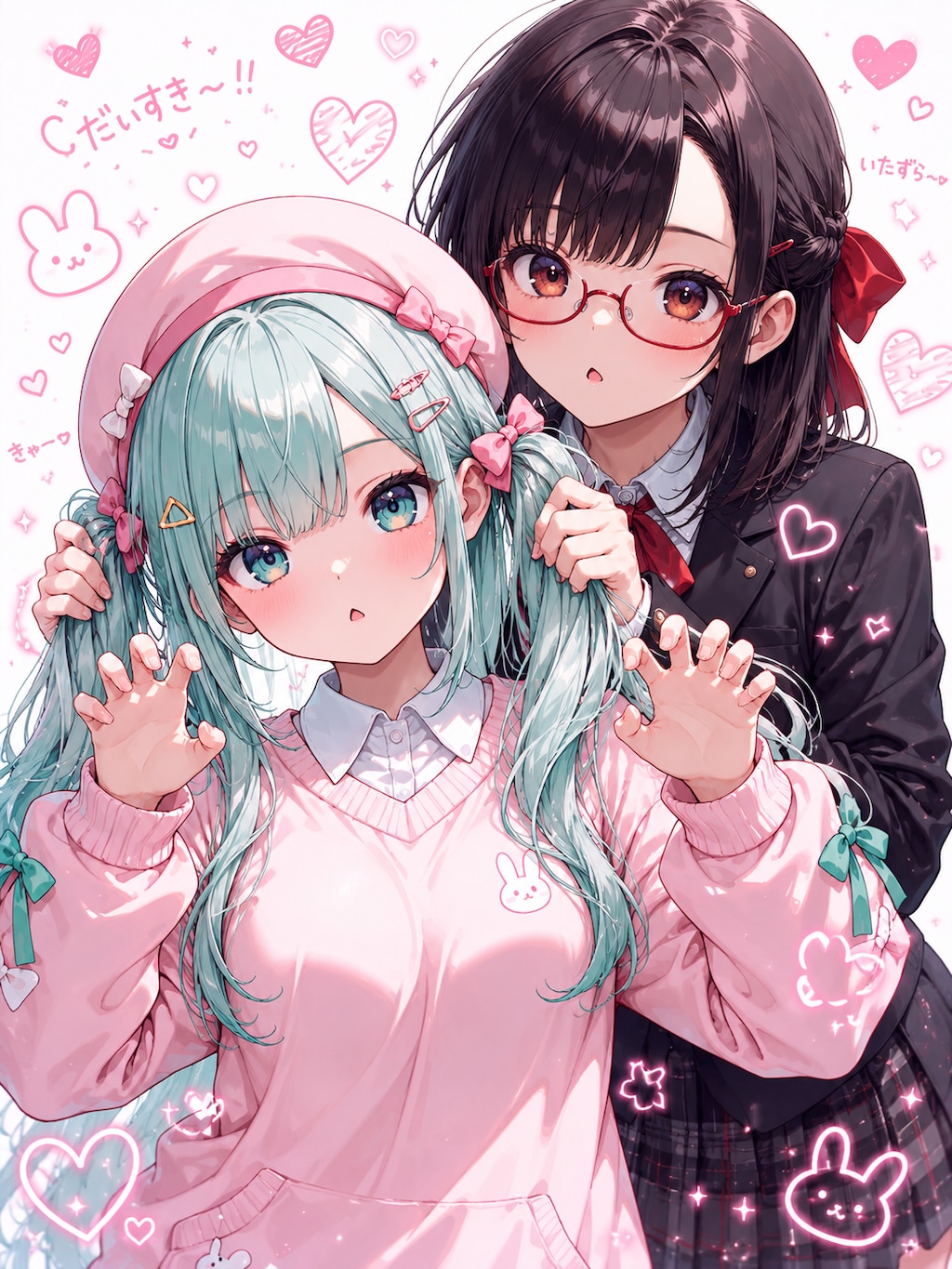 黒瀬さやかさんと初香ちゃんで手で髪を束ねてガオー