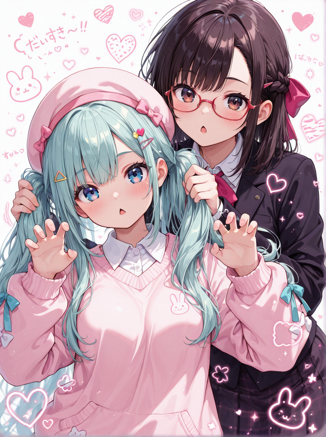 黒瀬さやかさんと初香ちゃんで手で髪を束ねてガオー | の人気AIイラスト・グラビア