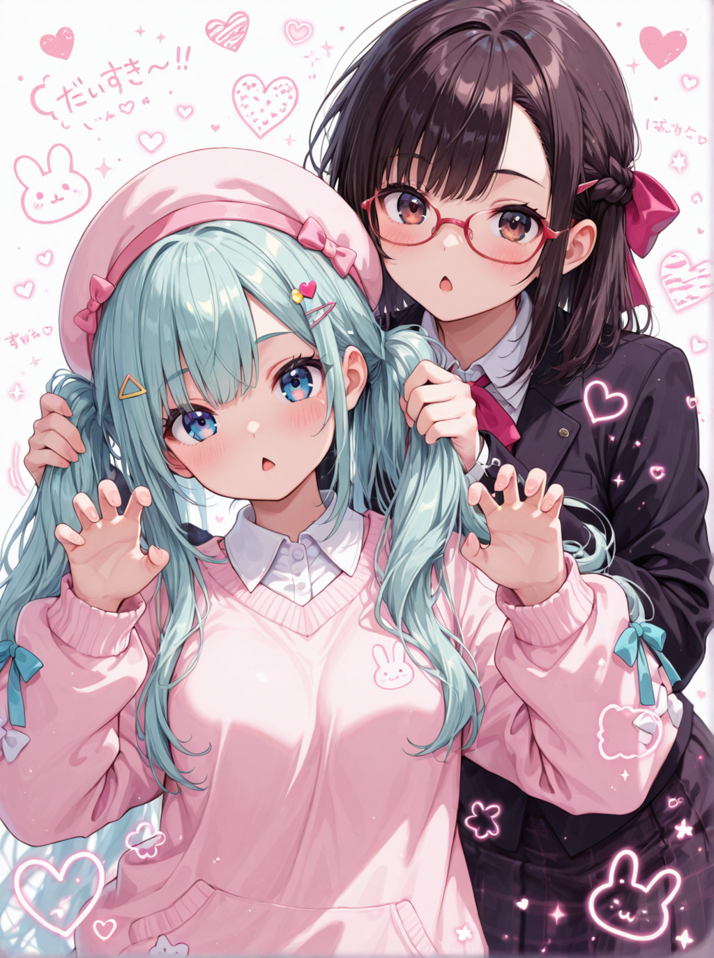 黒瀬さやかさんと初香ちゃんで手で髪を束ねてガオー
