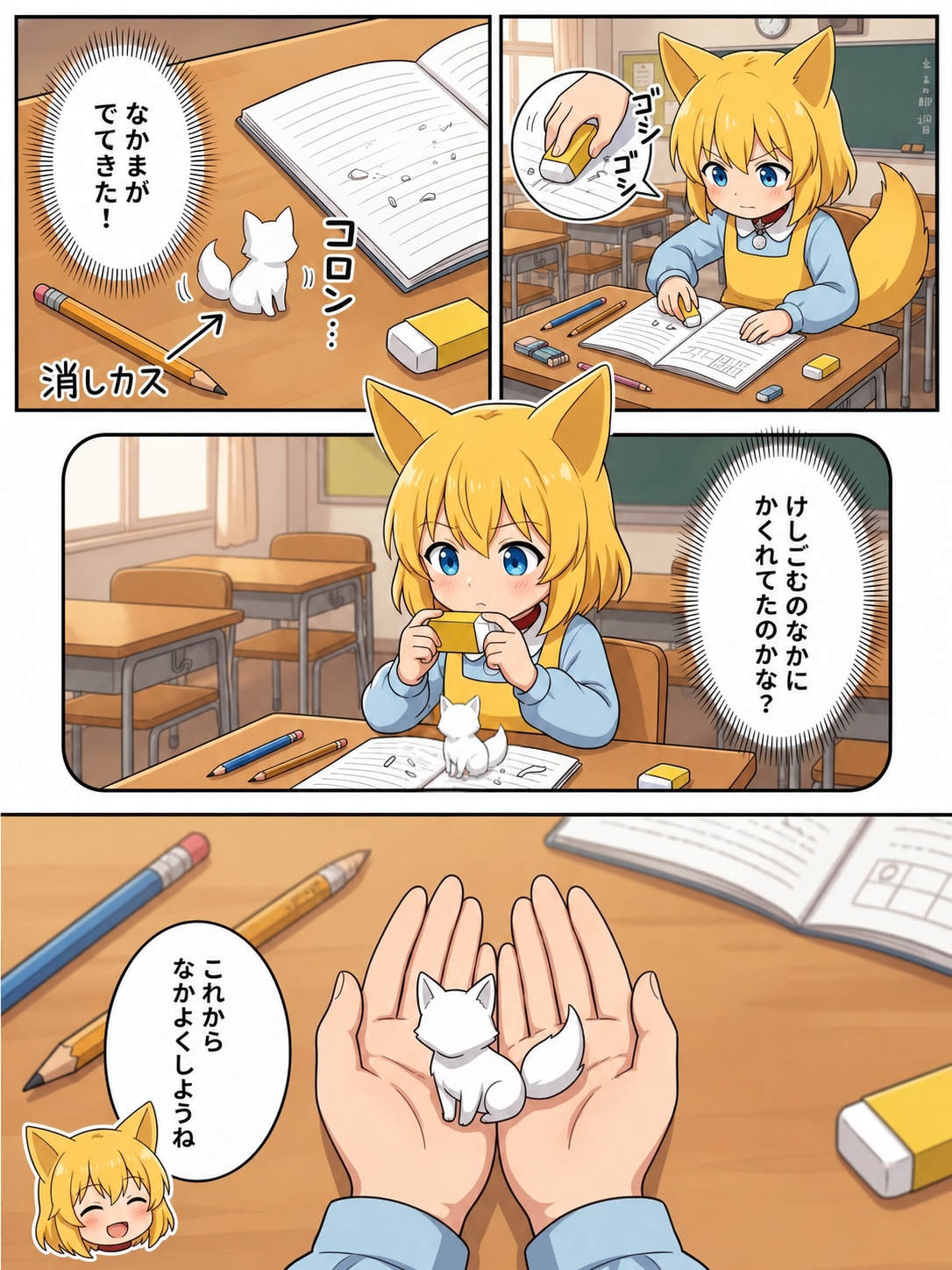 消しゴムのカスが自然と集まって狐の形になったのを不思議に思うキツネ | の人気AIイラスト・グラビア