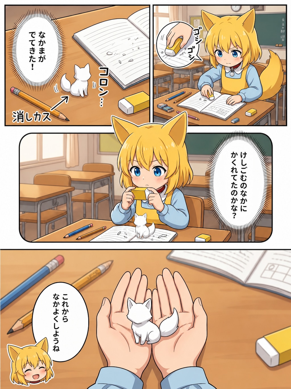 消しゴムのカスが自然と集まって狐の形になったのを不思議に思うキツネ