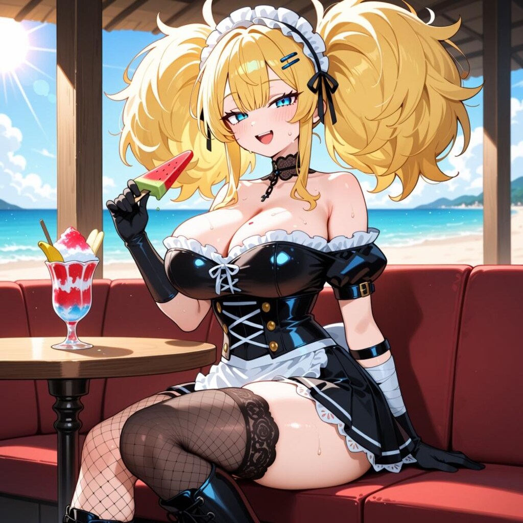 南極カフェでアイス食べるメイド水着人妻&ペン水彩猫画