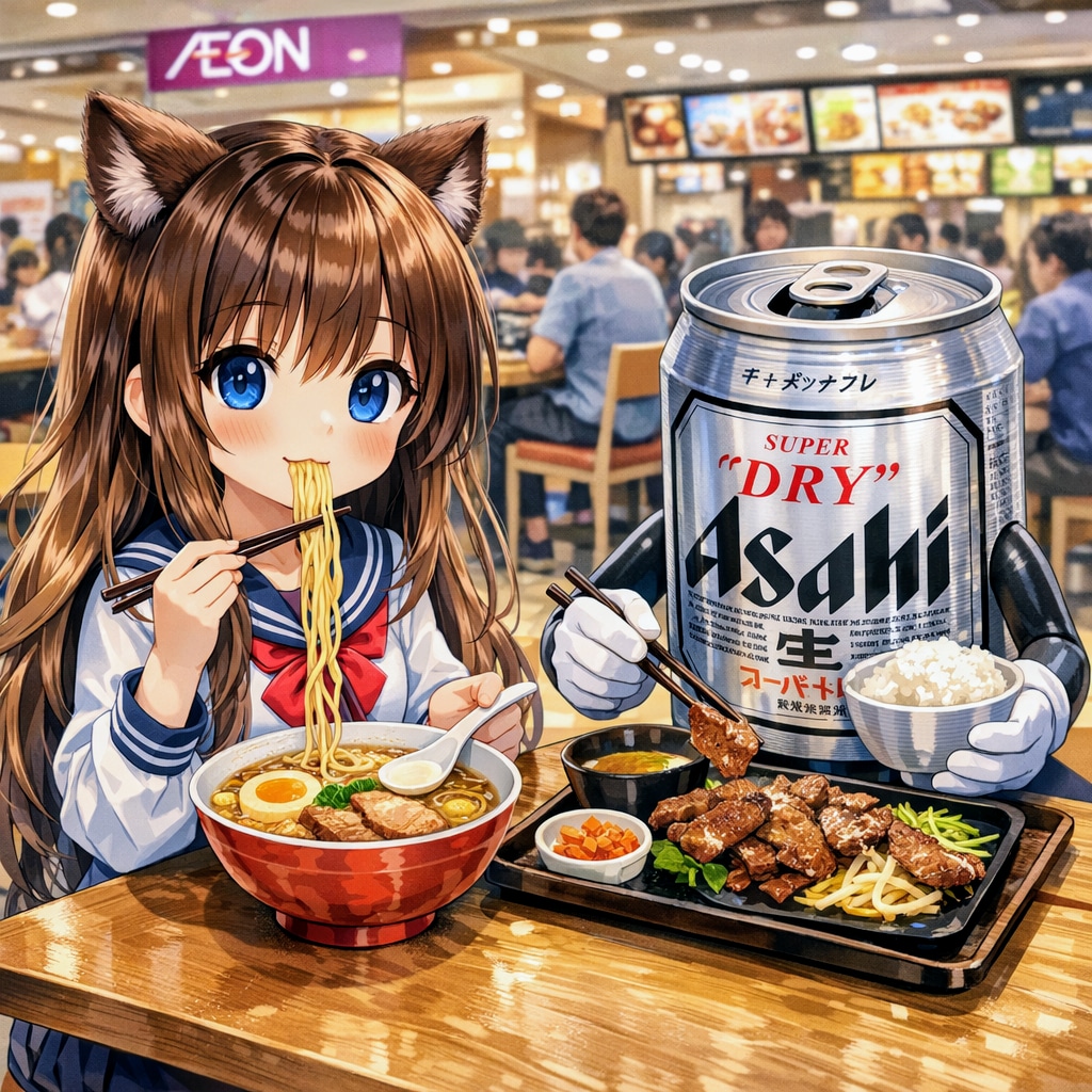 フードコートでご飯を食べる小さな女の子