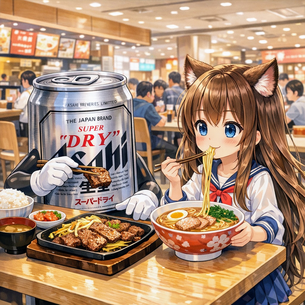 フードコートでご飯を食べる小さな女の子